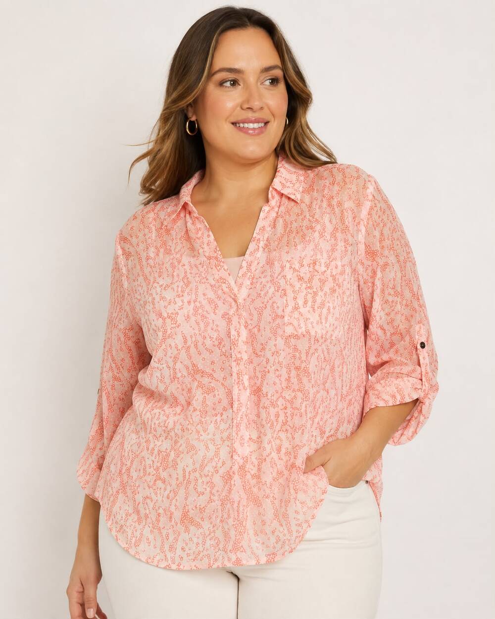 Diane von Furstenberg Cotton Silk Roll Tab Tunic Blouse Coral Pink Orange 14